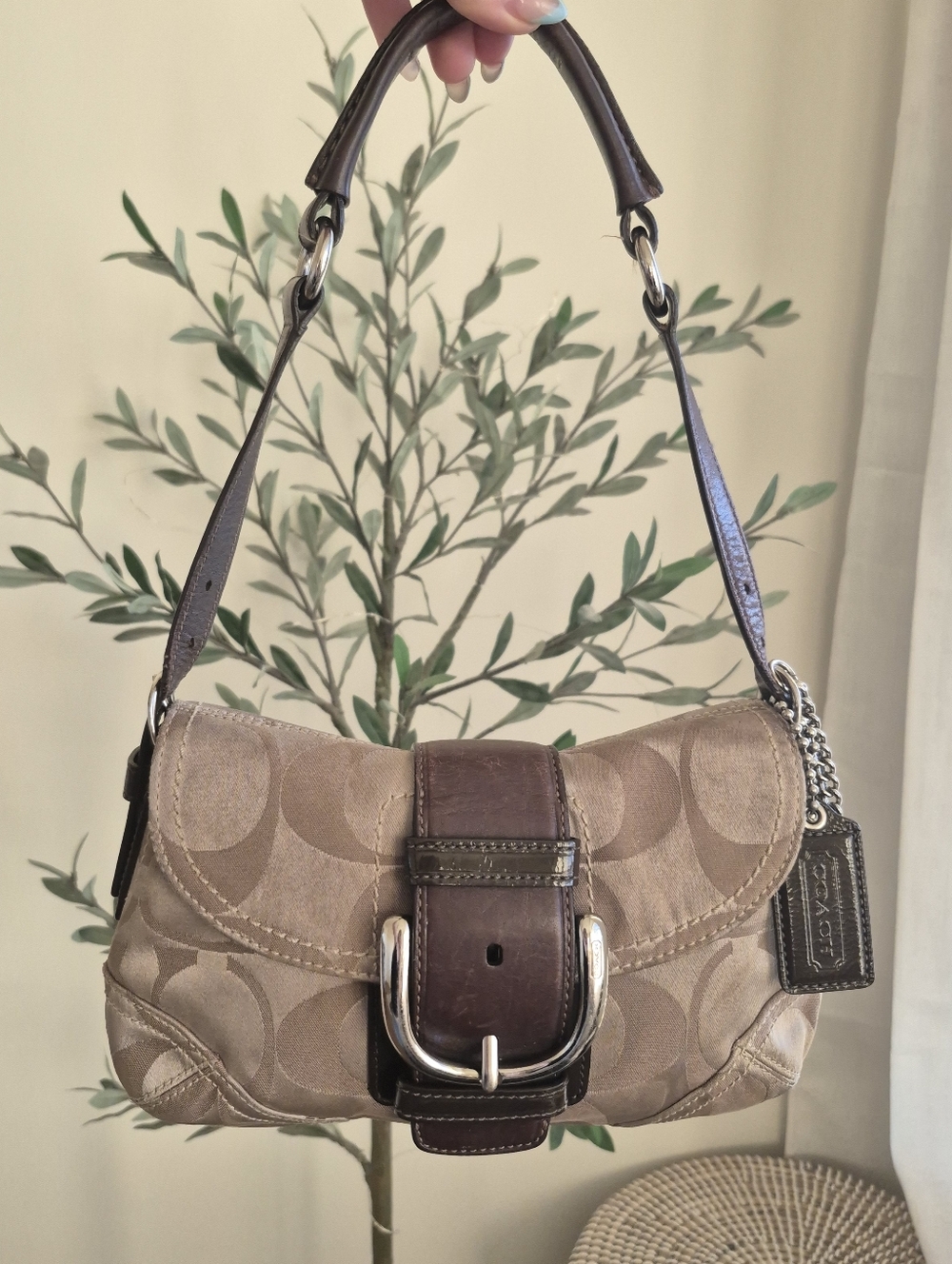 RARE Vintage Coach Soho Signature Canvas Satin Shoulder Bag in Taupe Brown